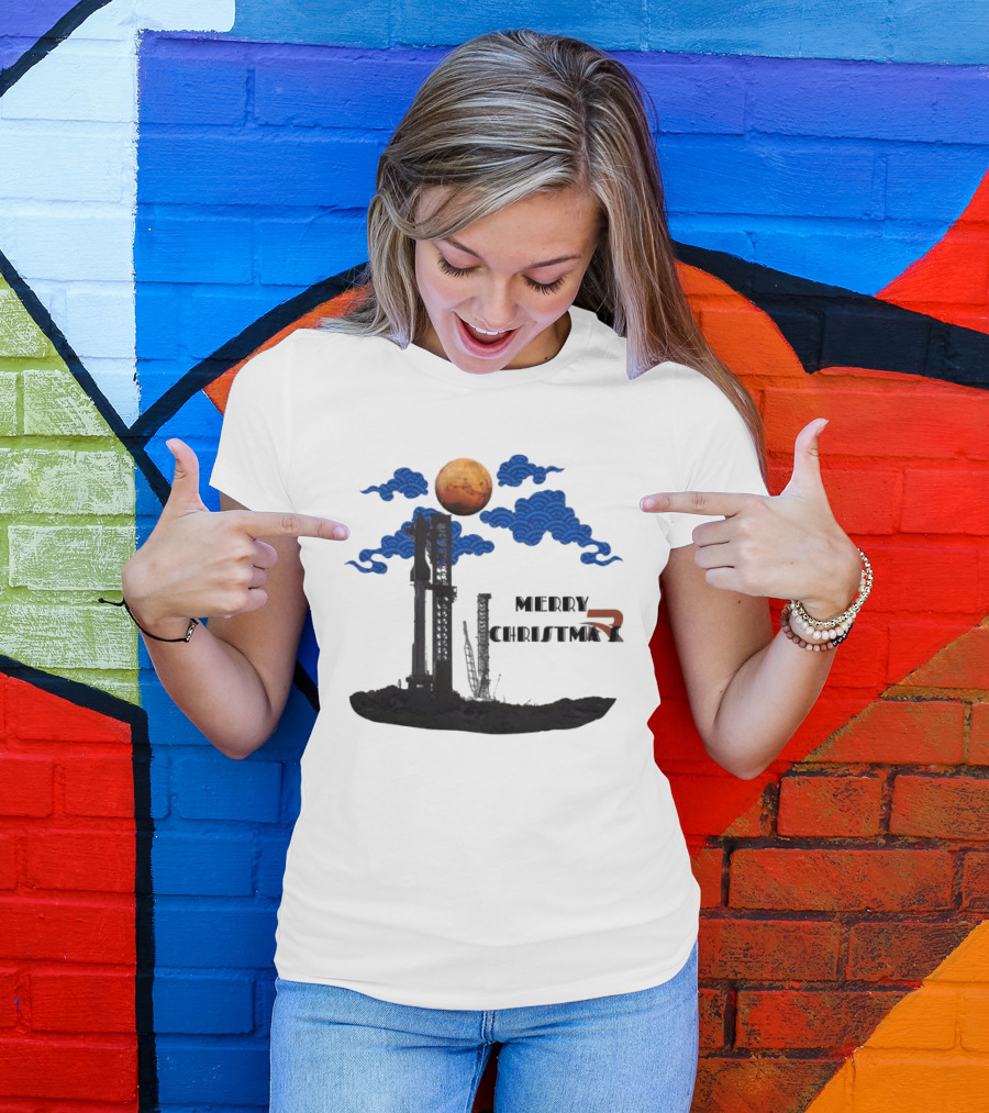 Merry Christmas Mars Rocket Mars Planet Blue Clouds T-Shirt