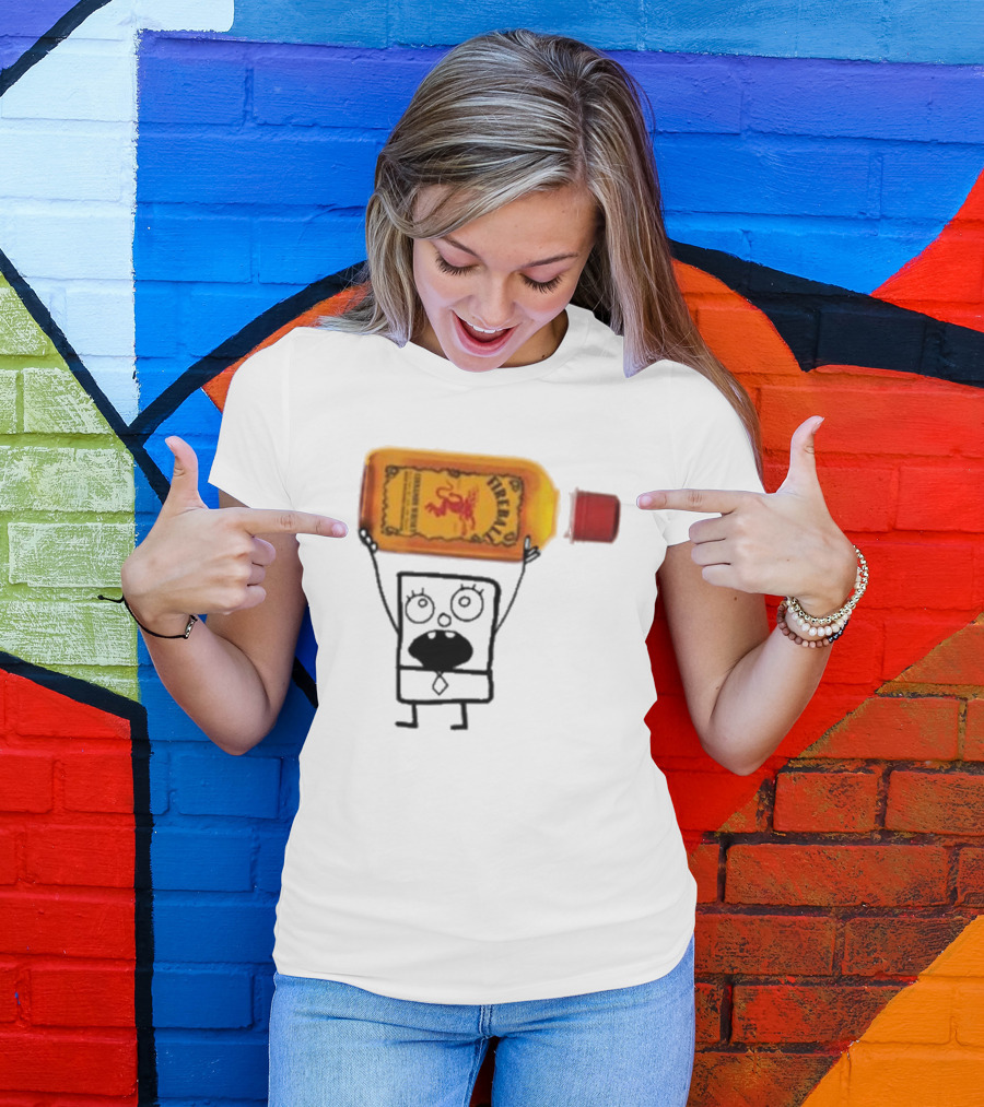 Doodlebob Fireball Whiskey Character Holding Iconic Liquor Bottle T-Shirt