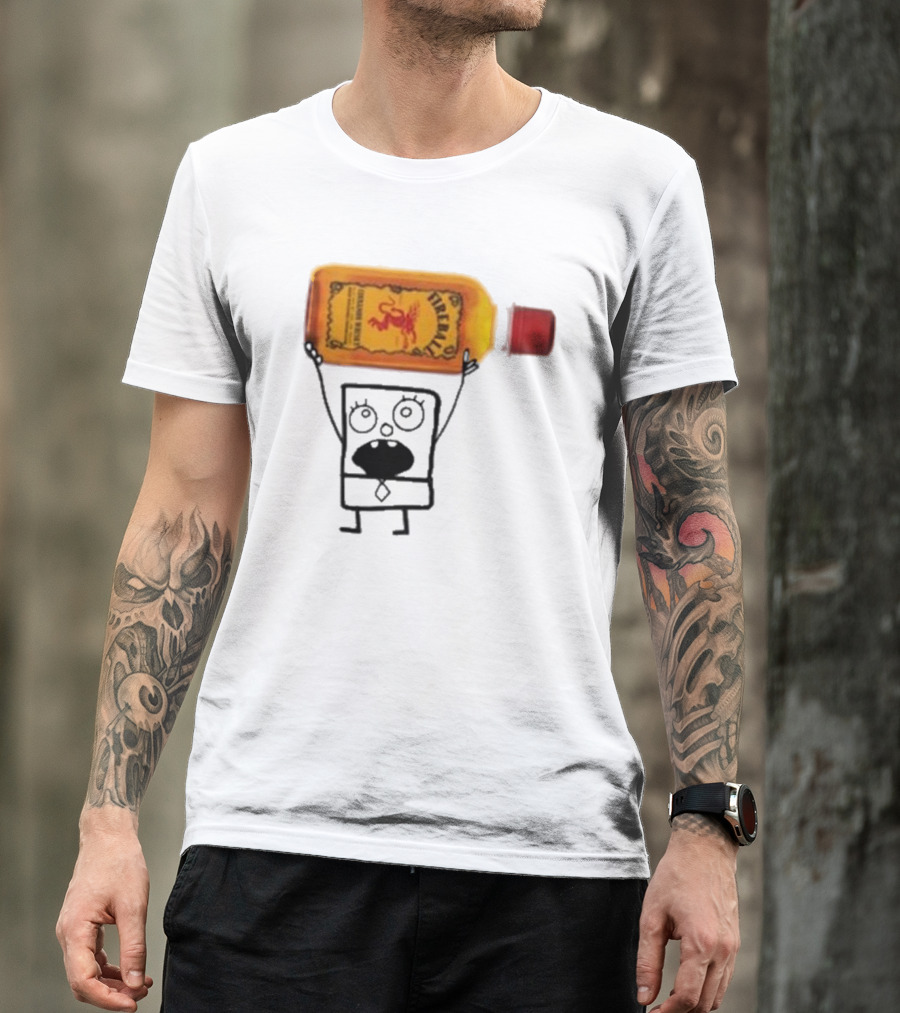 Doodlebob Fireball Whiskey Character Holding Iconic Liquor Bottle T-Shirt