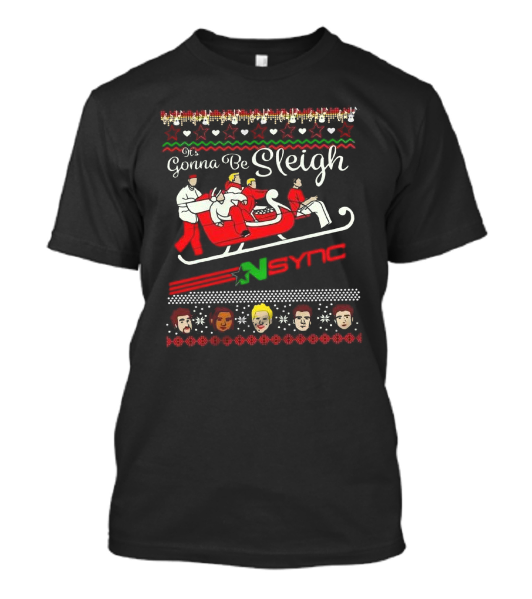 NSync Band It's Gonna Be Sleigh Ugly Christmas Sweater Style Design With Santa Sleigh And Band Members T-Shirt