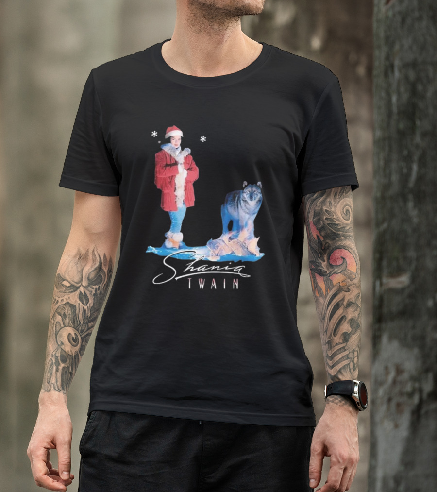 Shania Twain Holiday Santa Wolf Winter Scene T-Shirt