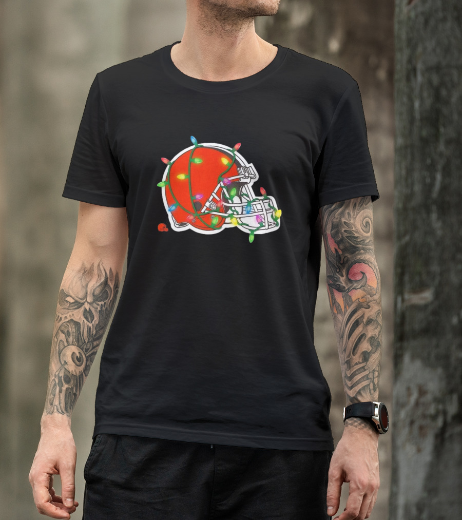 Cleveland Browns Helmet Wrapped In Holiday Lights T-Shirt