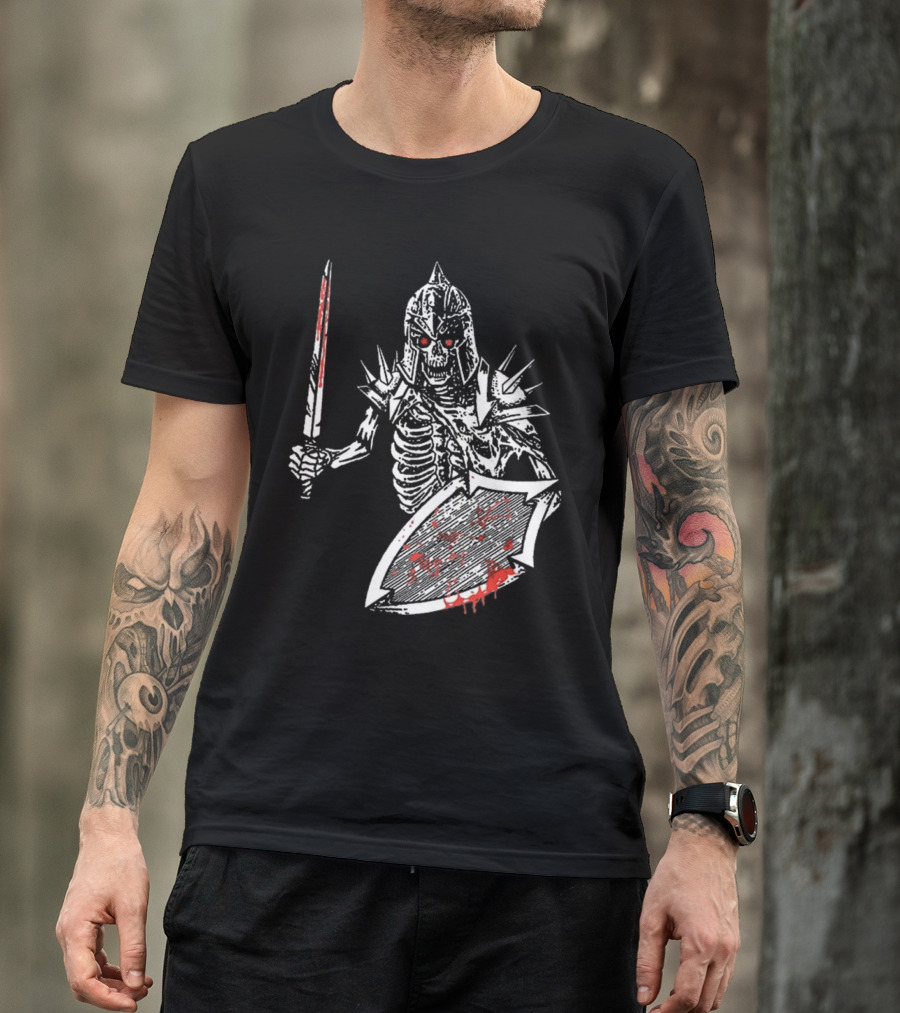 Gatecreeper Bloody Skeleton Warrior With Blood-Soaked Sword And Shield T-Shirt