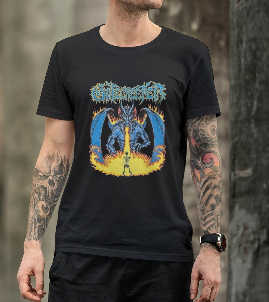 Gatecreeper Blue Dragon Breathing Fire With Fiery Surroundings T-Shirt