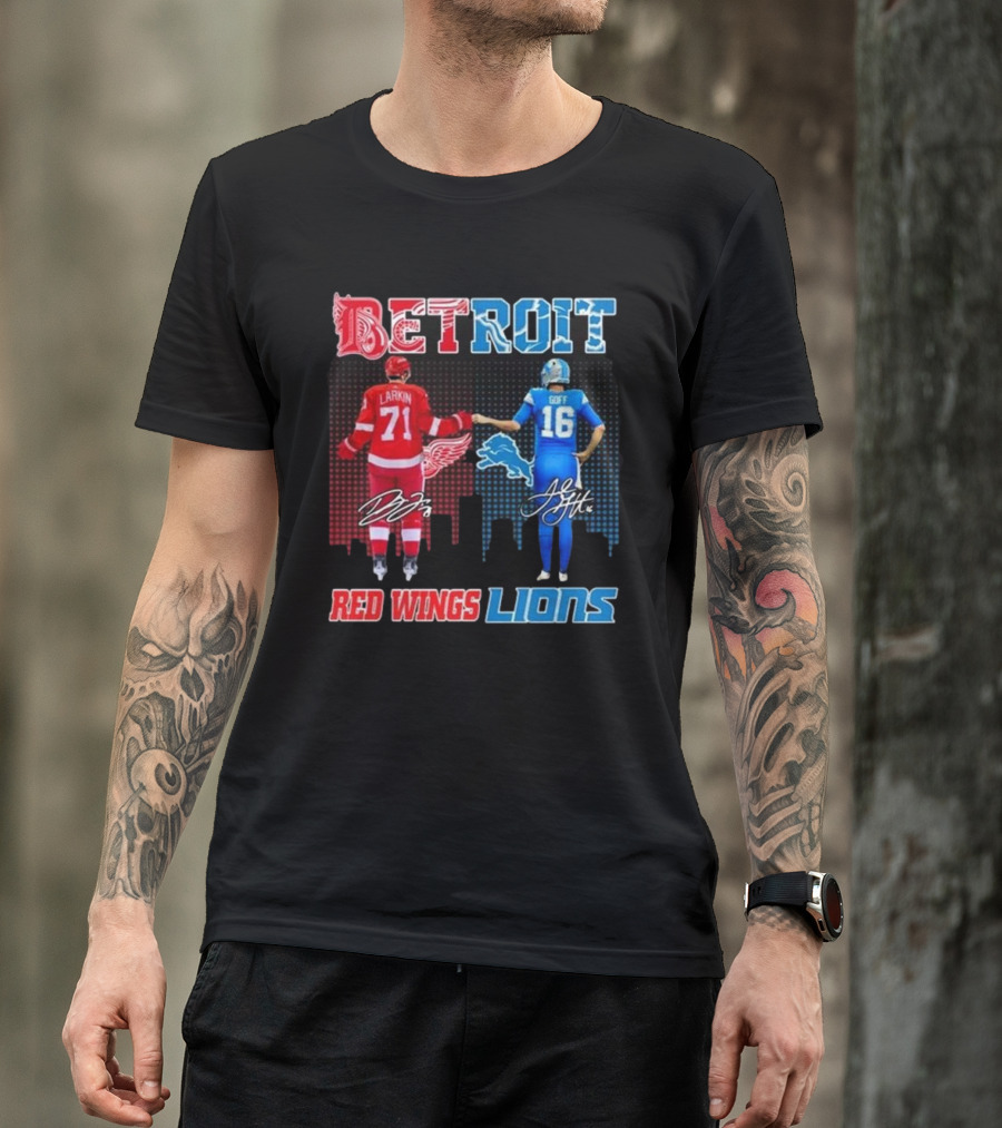Larkin 71 Detroit Red Wings Goff 16 Detroit Lions Signature Collaboration T-Shirt