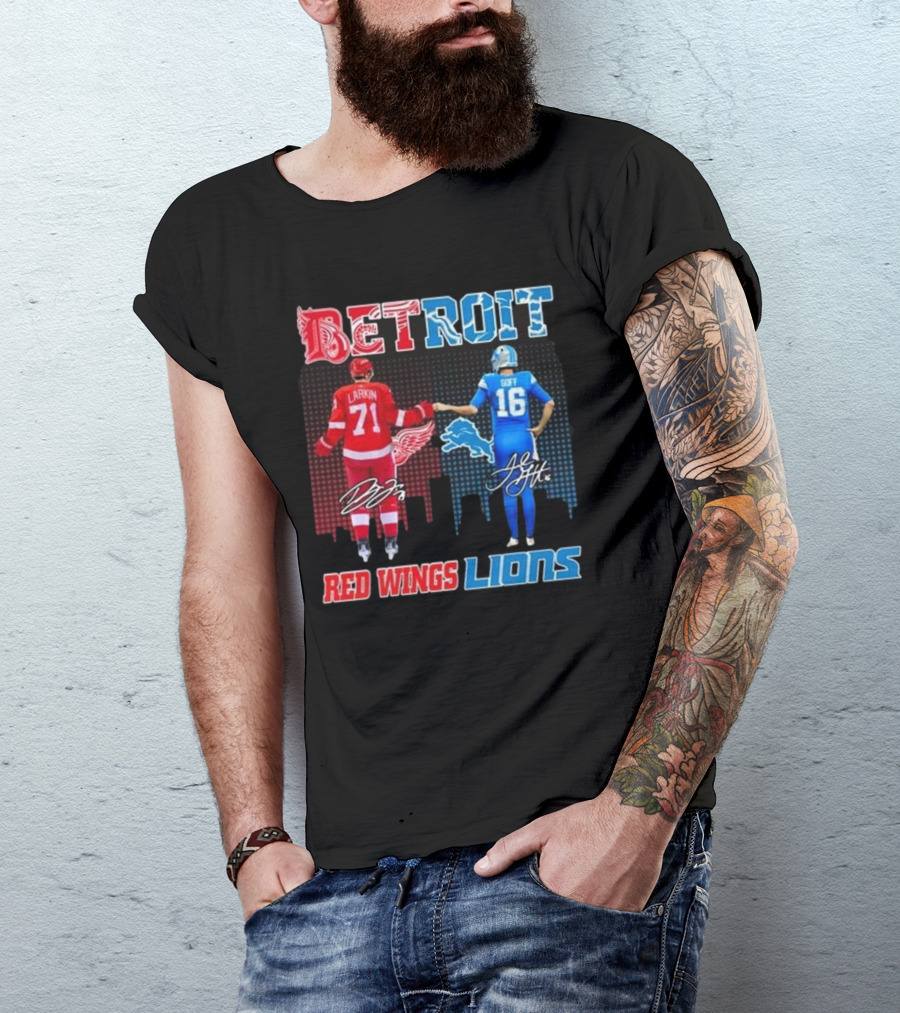 Larkin 71 Detroit Red Wings Goff 16 Detroit Lions Signature Collaboration T-Shirt