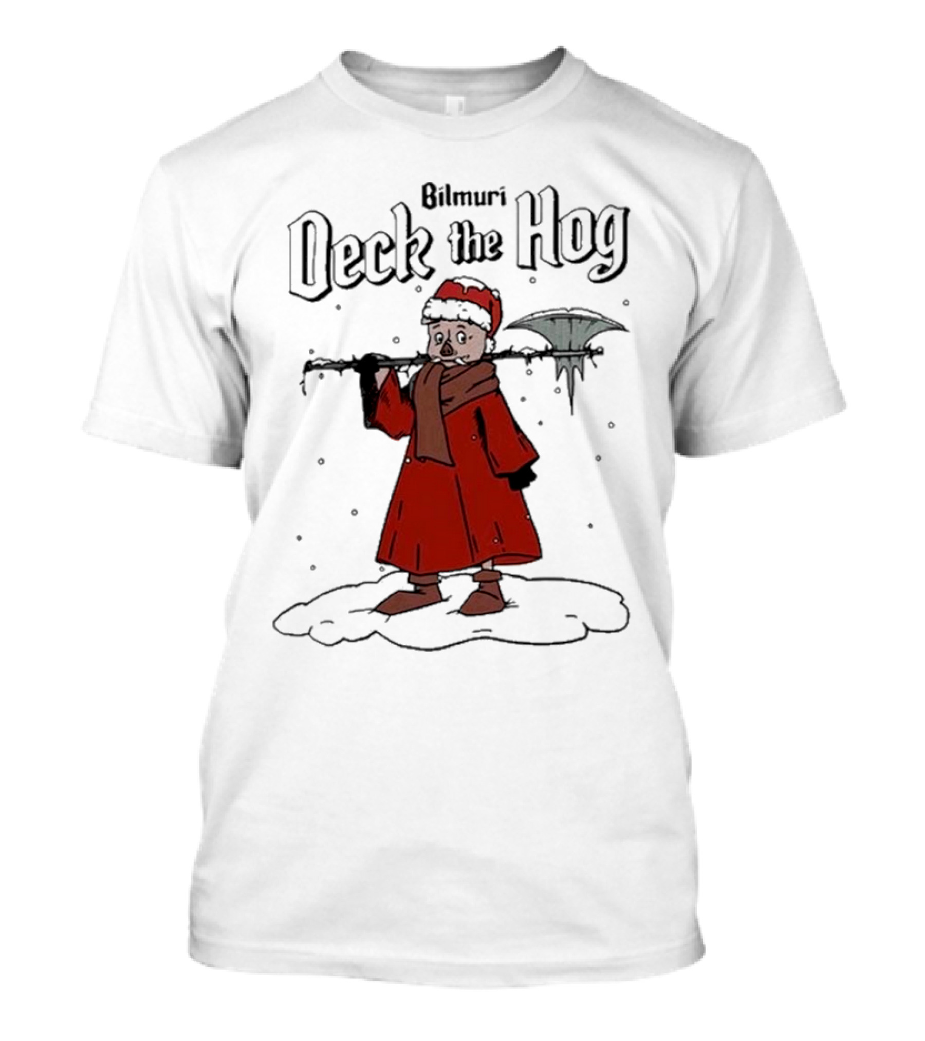 Bilmuri Deck The Hog Santa Pig Holding Weapon Snow Scene T-Shirt