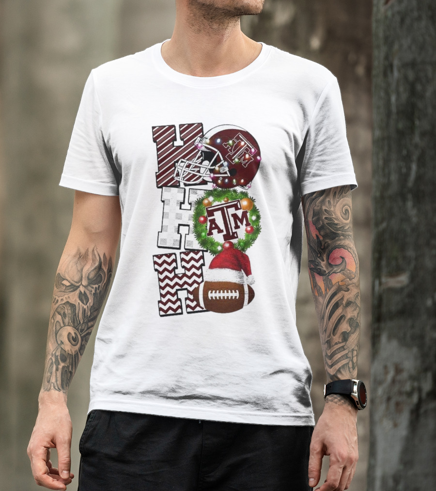 Texas A M Aggies Football Christmas Ho Ho Ho ATM Helmet Wreath Football T-Shirt