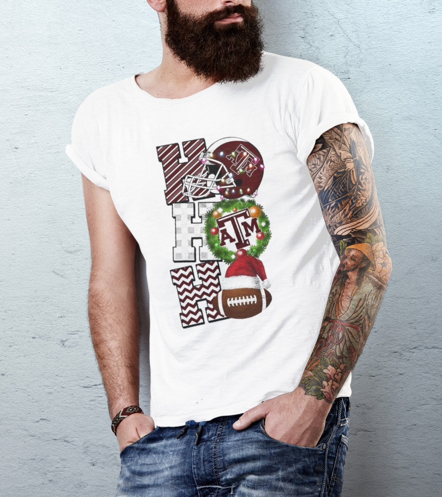 Texas A M Aggies Football Christmas Ho Ho Ho ATM Helmet Wreath Football T-Shirt