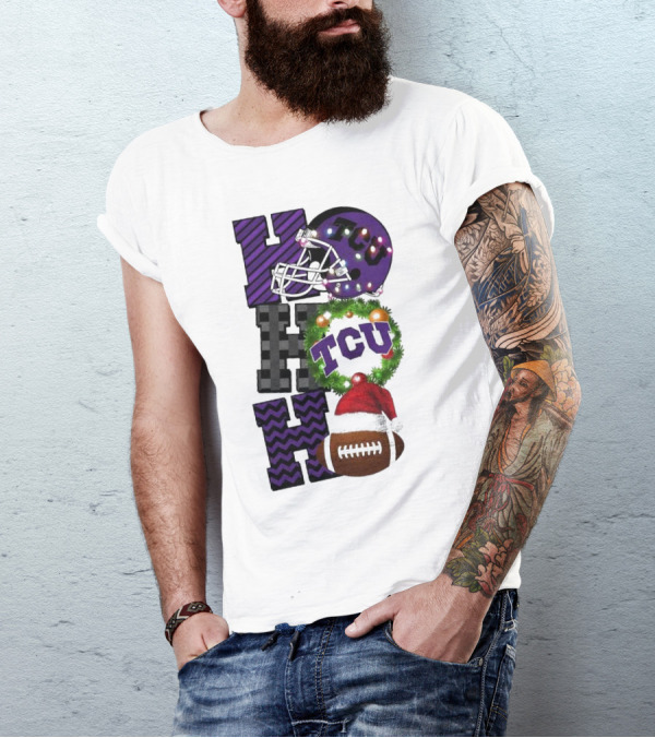 TCU Horned Frogs Football Christmas Ho Ho Ho Helmet And Wreath Game Day T-Shirt