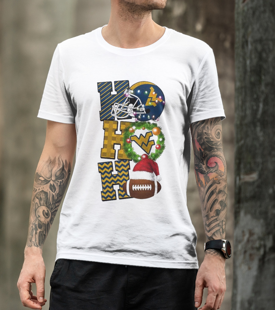 West Virginia Mountaineers Football Christmas Ho Ho Ho Helmet Wreath Santa Hat Game Day T-Shirt