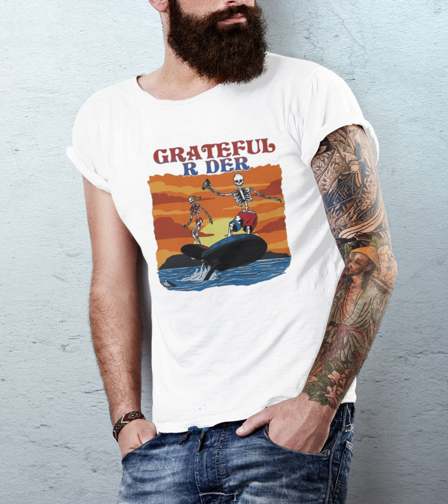 Grateful Rider Skeletons Surfing Sunset E-foil Adventure T-Shirt