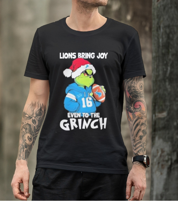 Detroit Lions Bring Joy Even To The Grinch Christmas Santa Football T-Shirt