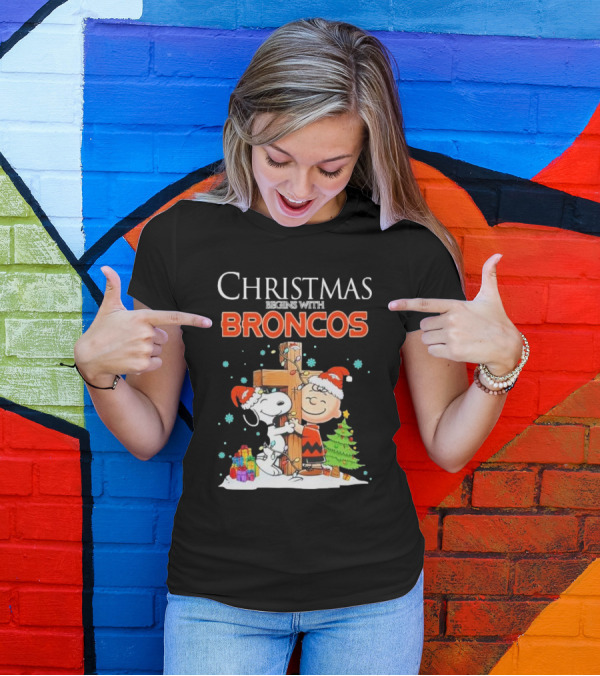 Christmas Begins With Broncos Charlie Brown Snoopy Hug Cross T-Shirt