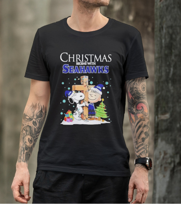 Christmas Begins With Seahawks Charlie Brown Snoopy Jesus Cross T-Shirt
