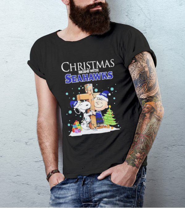 Christmas Begins With Seahawks Charlie Brown Snoopy Jesus Cross T-Shirt