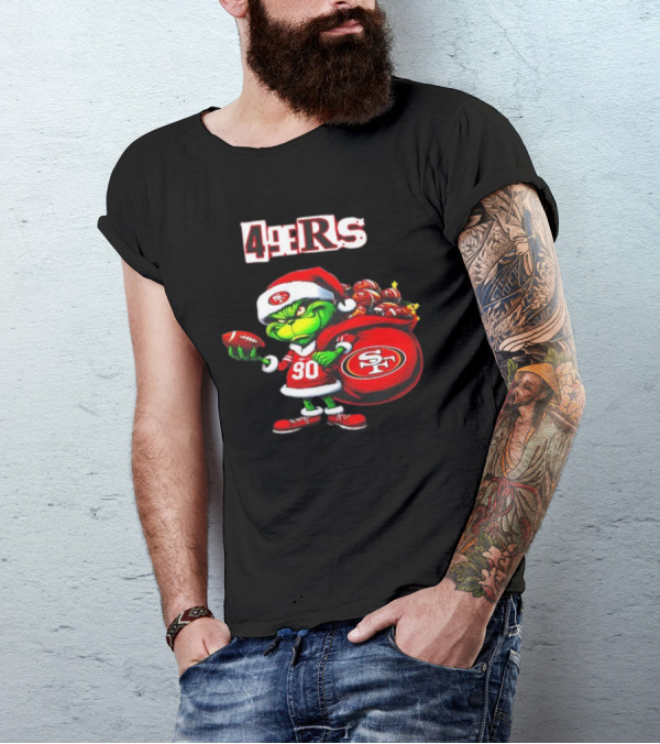 San Francisco 49ers Grinch With Santa Hat And Football Sack Christmas T-Shirt