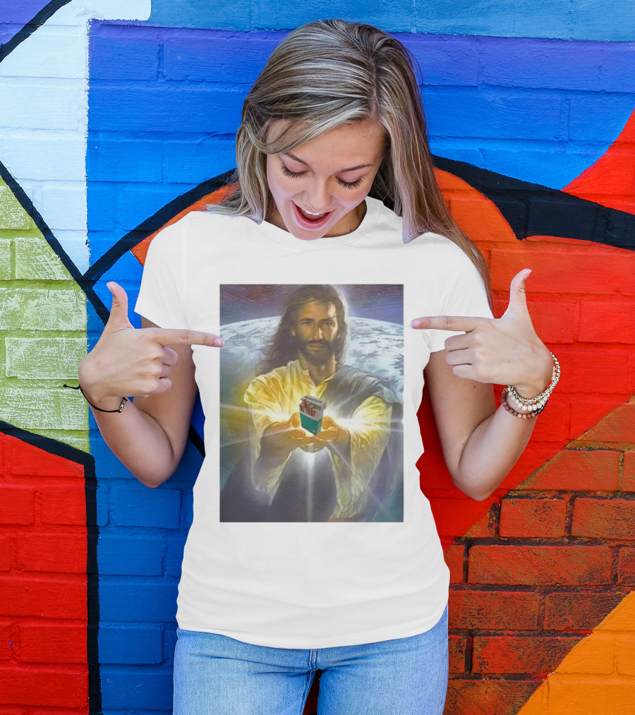 Jesus Offering Marlboro Cigarettes On Cosmic Background T-Shirt