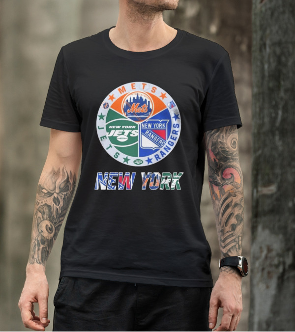 New York Mets Rangers Jets Circle Logo Skyline Baseball Football Hockey Teams T-Shirt