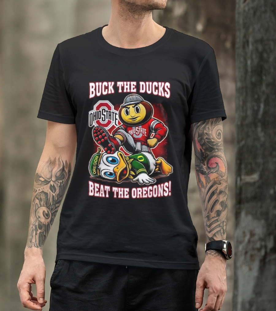 Ohio State Buckeyes Buck The Ducks Beat The Oregons 2025 Mascot Showdown T-Shirt