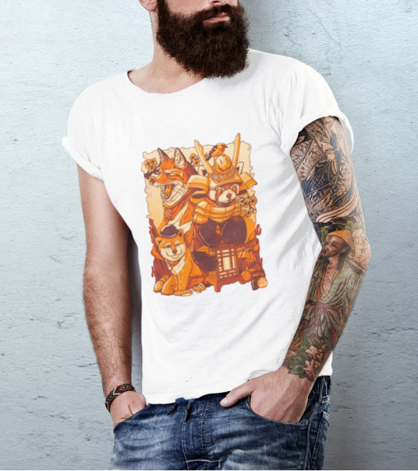 Tenhun Orange Fuzz Fox And Samurai Red Panda With Lantern T-Shirt