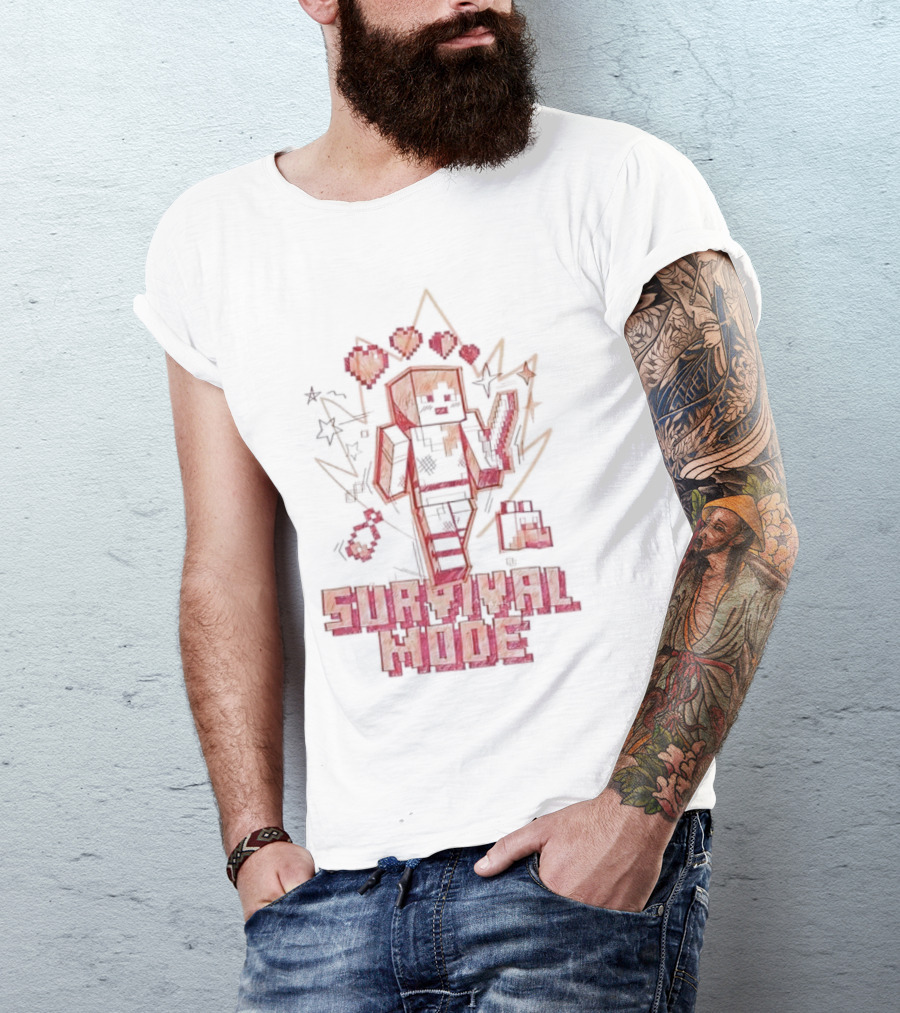 Survival Mode Game Pixel Art Character With Hearts And Tools T-Shirt