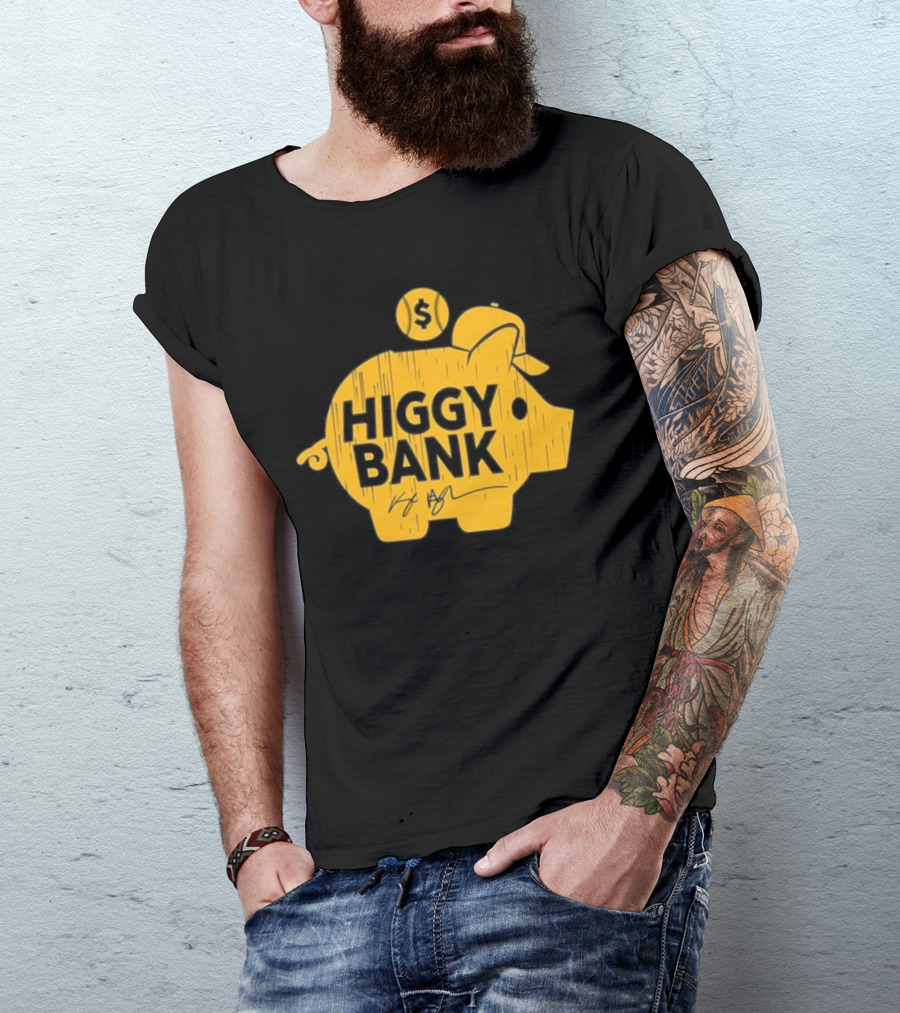 Higgy Bank Piggy Bank Graphic Baseball Theme With Signature And Dollar Sign T-Shirt