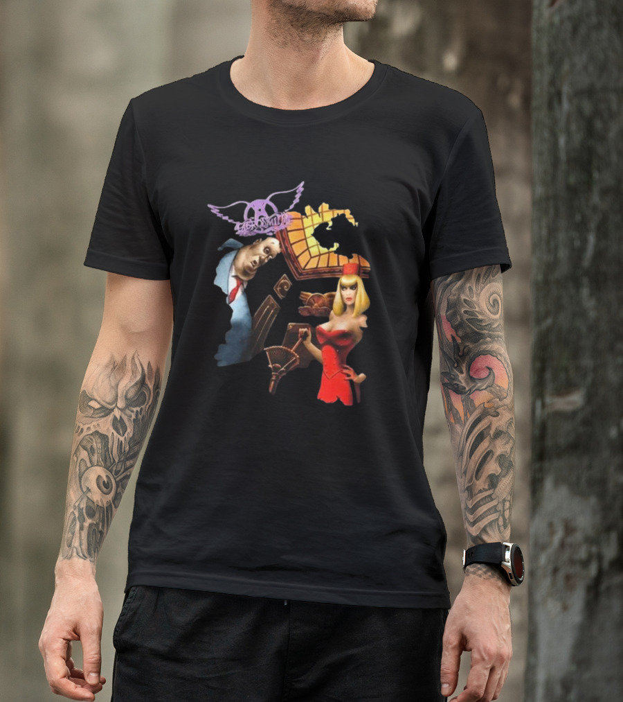 Aerosmith Love In An Elevator Cartoon Artwork With Woman In Red Dress And Man In Suit T-Shirt
