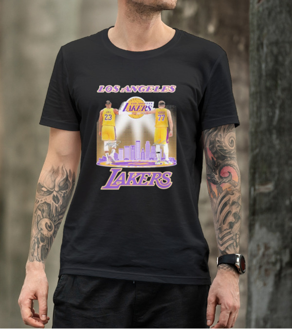 Los Angeles Lakers Luka Doncic Lebron James 23 77 City Skyline T-Shirt