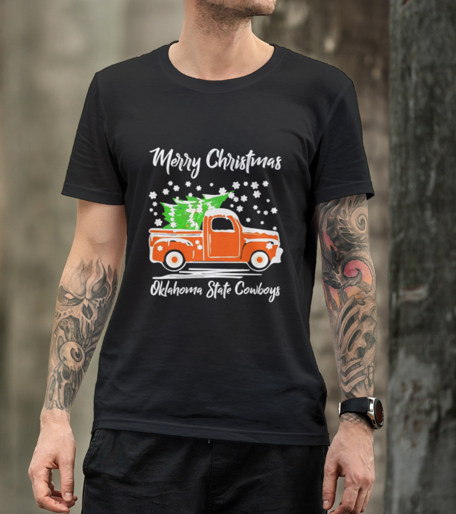 Merry Christmas Oklahoma State Cowboys Orange Truck Snowflakes Green Trees T-Shirt