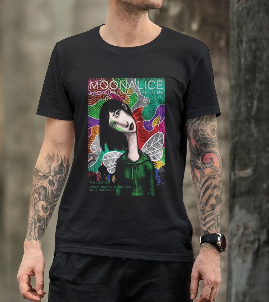 MOONALICE 420 Gathering Of The Tribe 04-20-2025 Sweetwater Music Hall Mill Valley CA Colorful Psychedelic Art With Winged Character T-Shirt