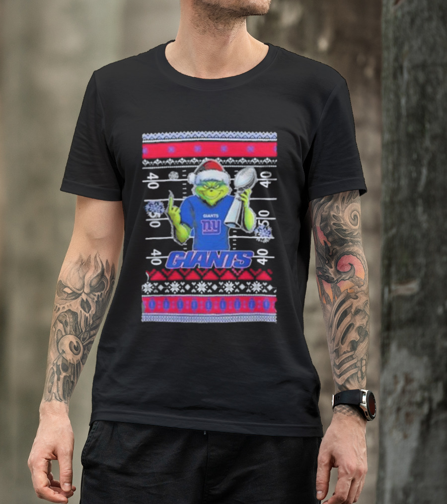 New York Giants Grinch Christmas With Lombardi Trophy Ugly Sweater T-Shirt
