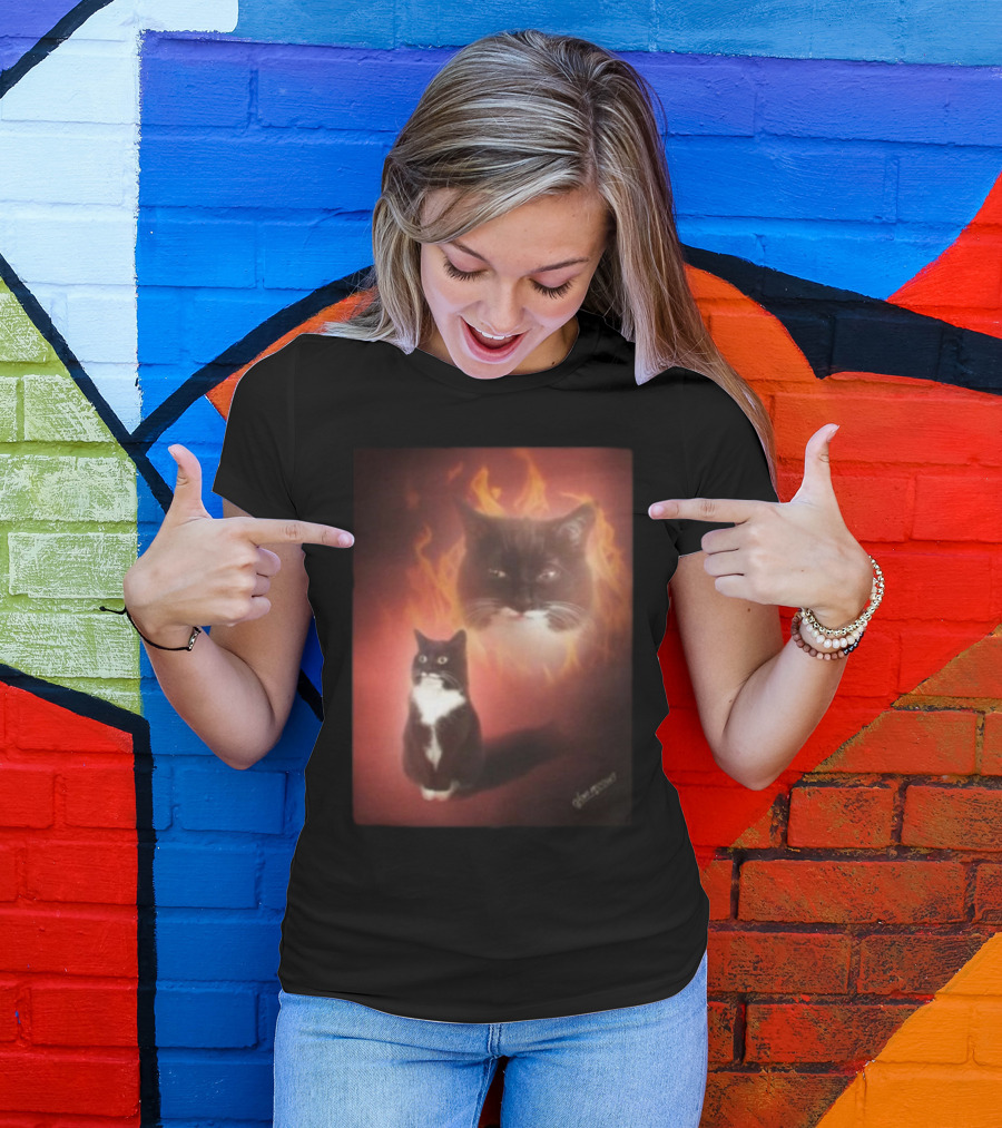 Olan Meows Black And White Cat Flames Retro Theme T-Shirt