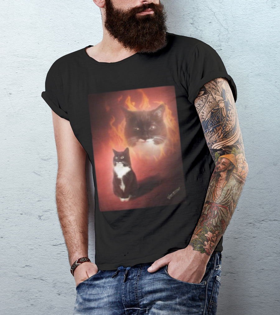 Olan Meows Black And White Cat Flames Retro Theme T-Shirt