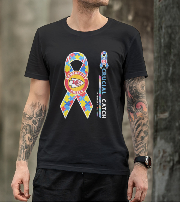 Kansas City Chiefs NFL Puzzle Ribbon Autism Awareness Crucial Catch T-Shirt