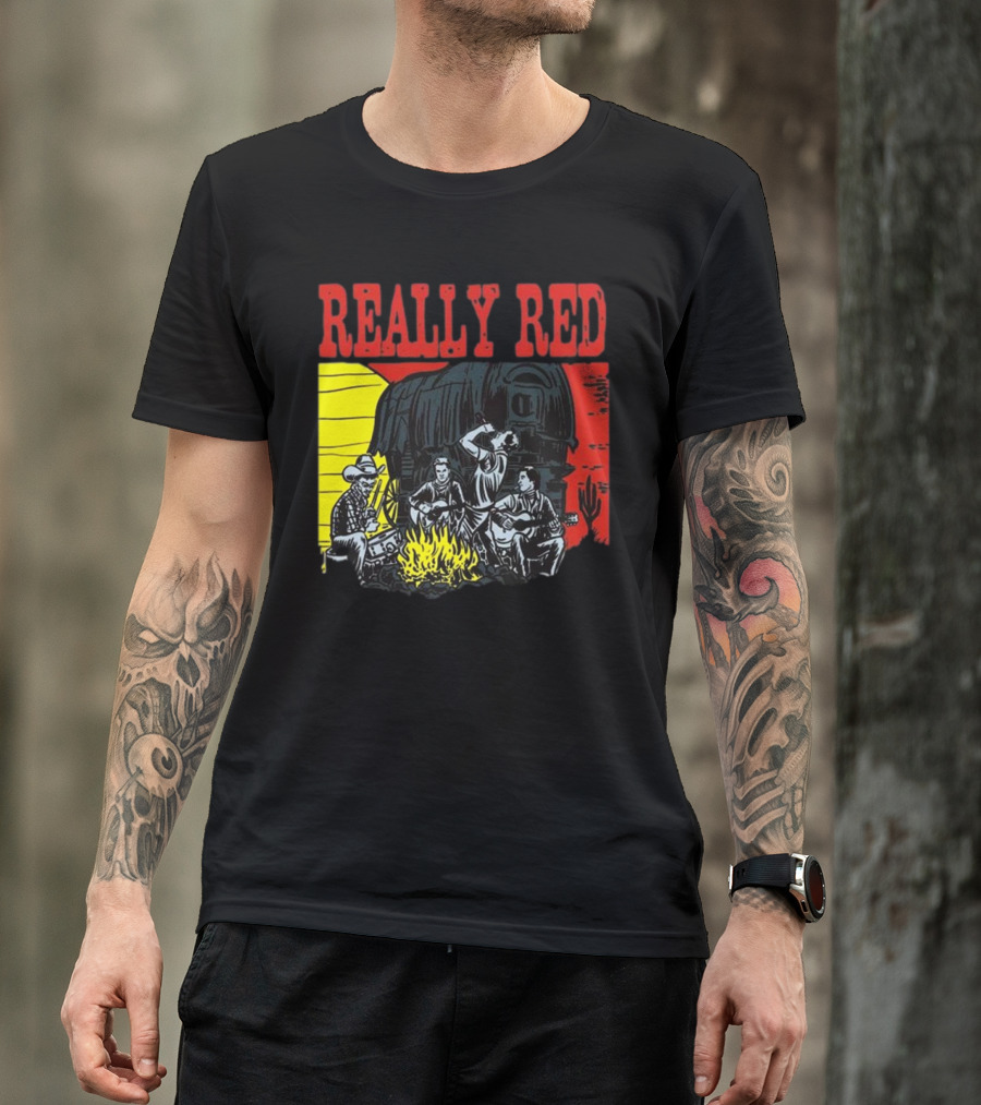 Really Red Cow Punks Campfire Scene With Musical Cowboys And Wagon T-Shirt