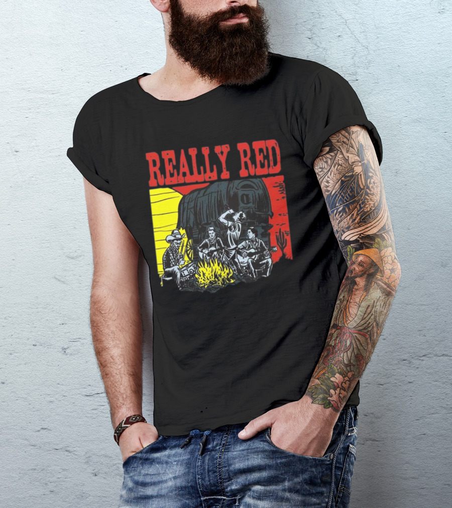 Really Red Cow Punks Campfire Scene With Musical Cowboys And Wagon T-Shirt