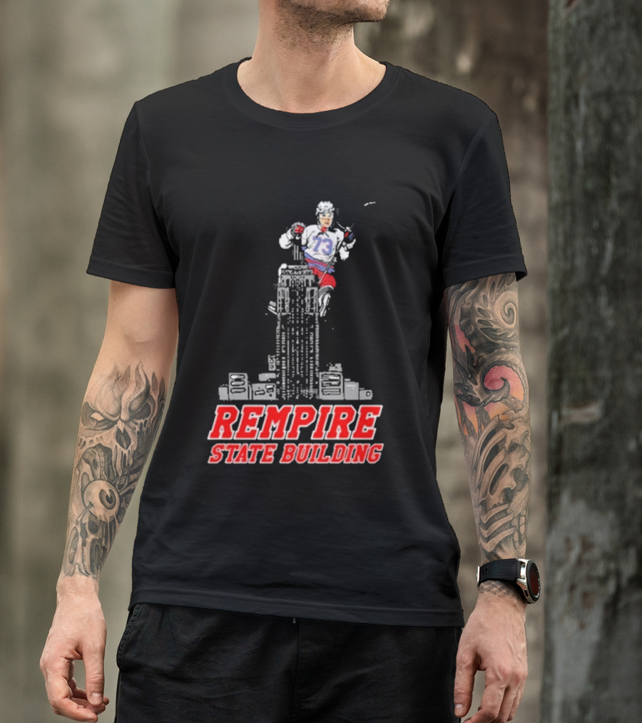 Rempire State Building Red And Blue Hockey Player Skyscraper Concept T-Shirt