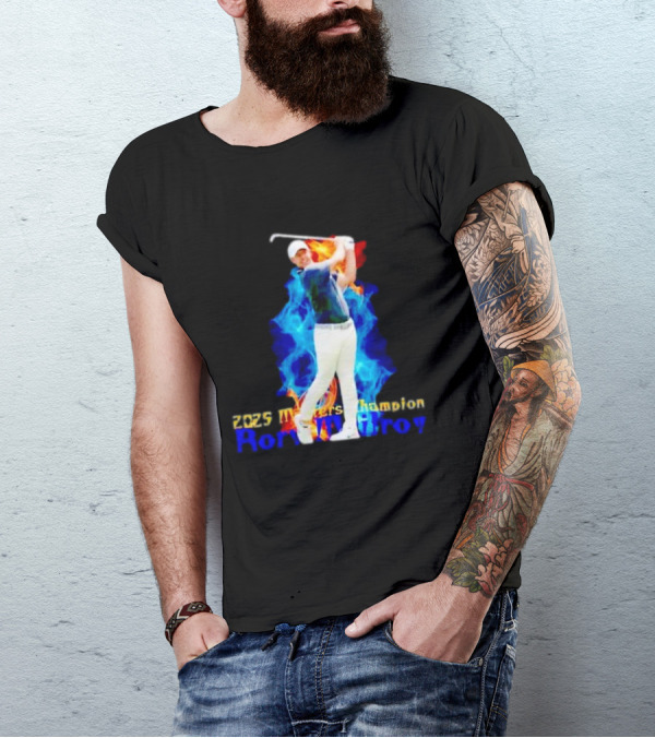 Rory McIlroy 2025 Masters Champion Golf Swing With Fire And Blue Flame Background T-Shirt