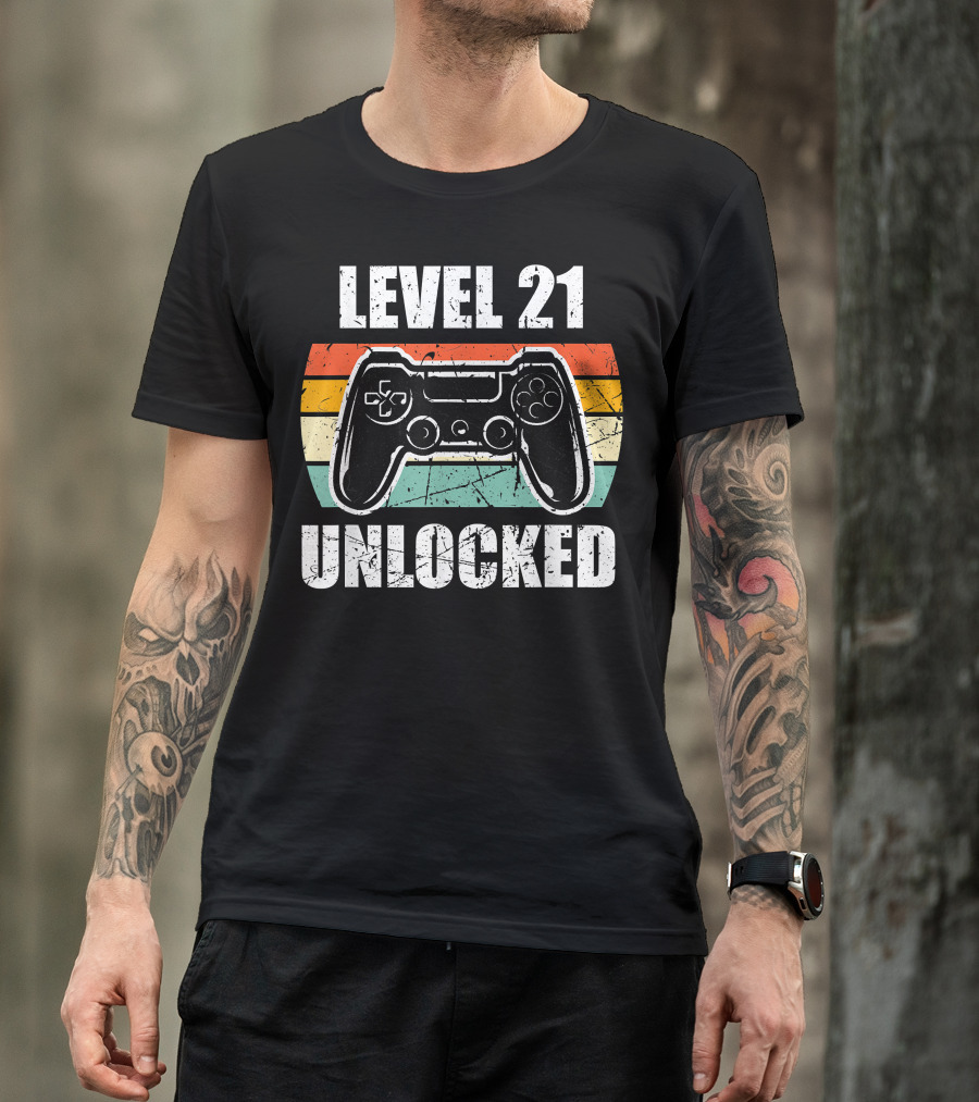 Level 21 Unlocked Vintage Gaming Controller 21st Birthday Gamer T-Shirt