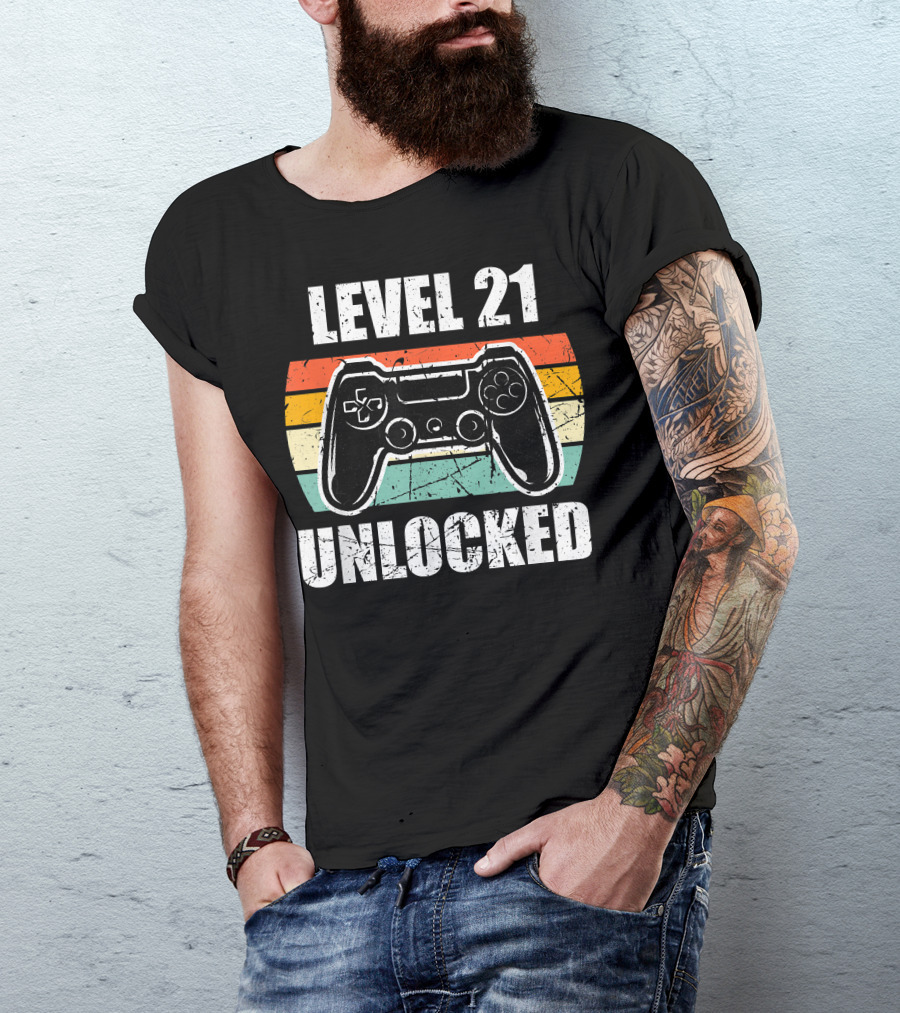 Level 21 Unlocked Vintage Gaming Controller 21st Birthday Gamer T-Shirt