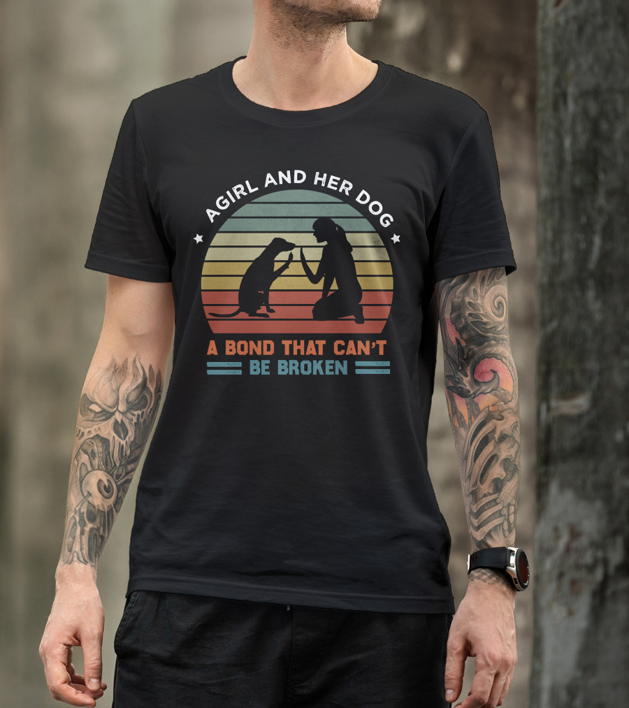 A Girl And Her Dog A Bond That Can't Be Broken Vintage Dog Silhouette Retro Stripes T-Shirt