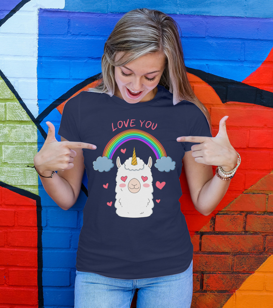 Love You Alpaca Unicorn Rainbow Cloud Hearts T-Shirt