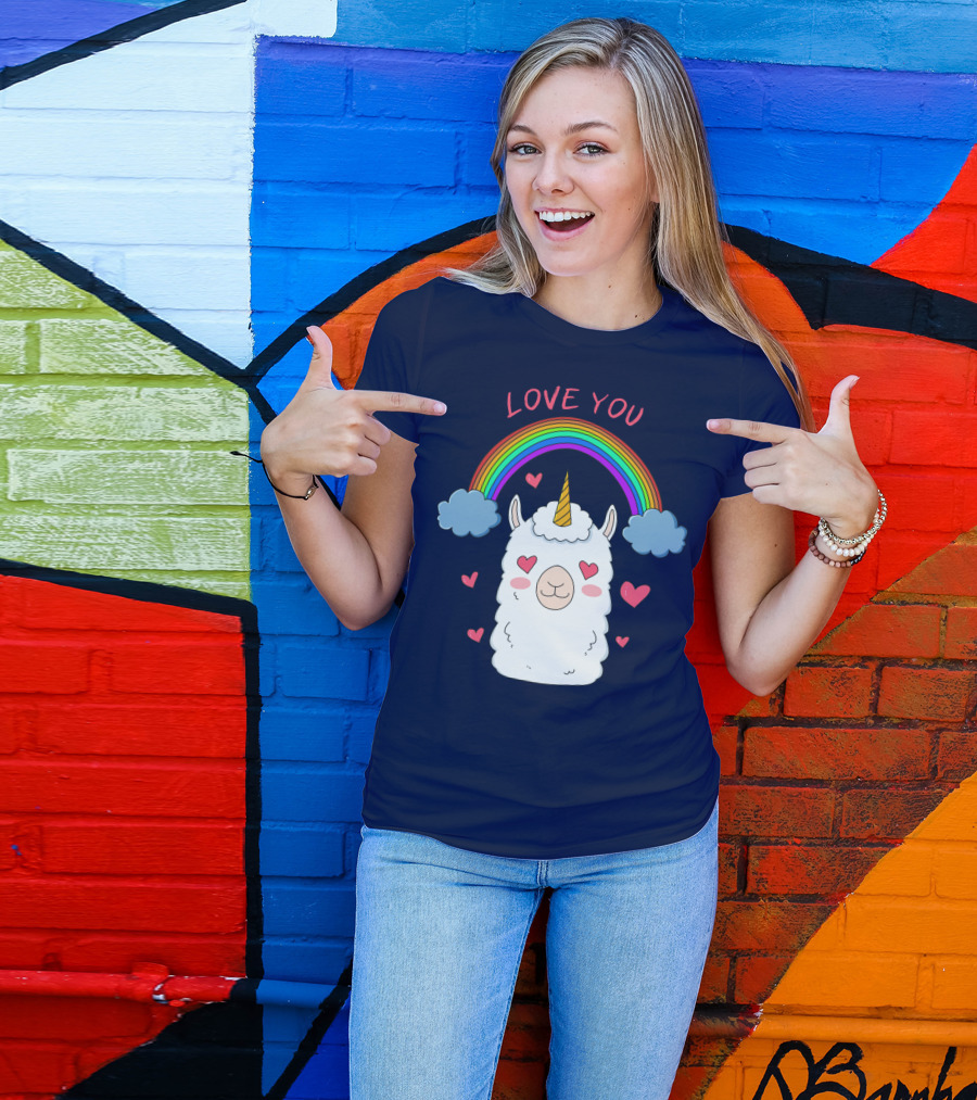 Love You Alpaca Unicorn Rainbow Cloud Hearts T-Shirt