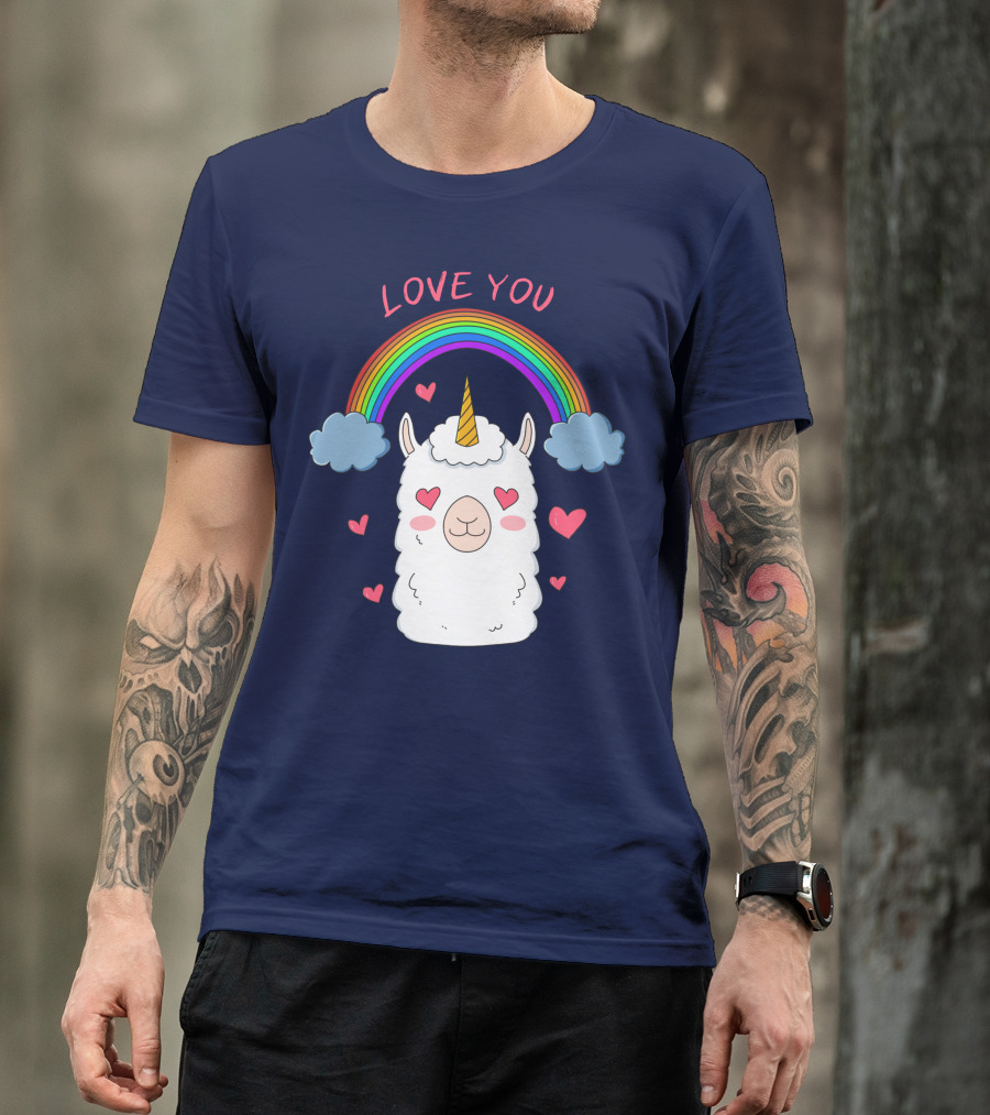 Love You Alpaca Unicorn Rainbow Cloud Hearts T-Shirt