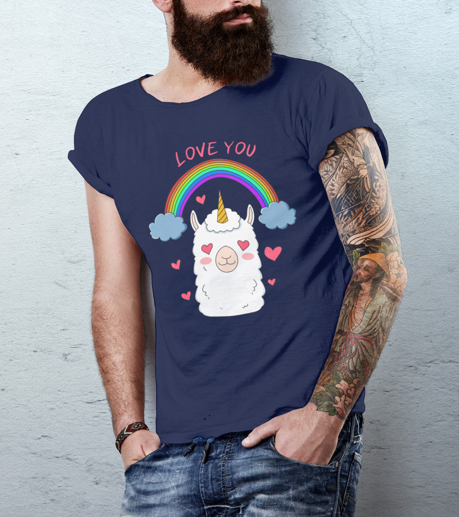 Love You Alpaca Unicorn Rainbow Cloud Hearts T-Shirt