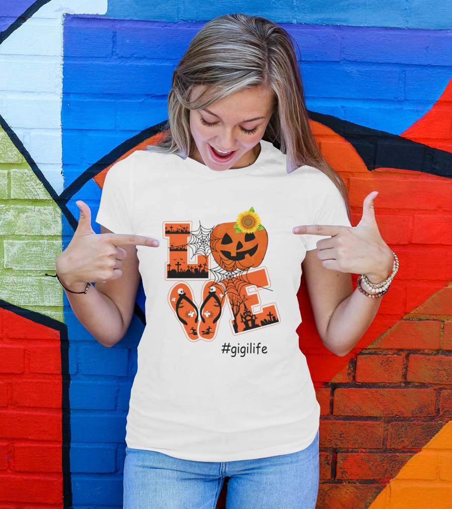 Love Pumpkin Halloween Theme #GigiLife With Spider Web And Sunflower T-Shirt