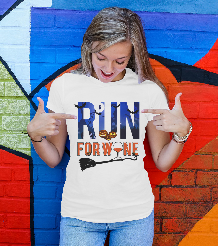 Halloween Run For Wine With Bats, Pumpkins, Witch's Broom, And Wine Glass T-Shirt