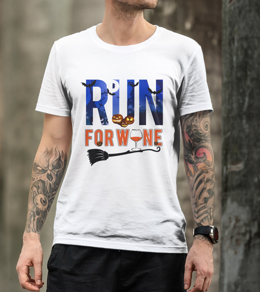 Halloween Run For Wine With Bats, Pumpkins, Witch's Broom, And Wine Glass T-Shirt