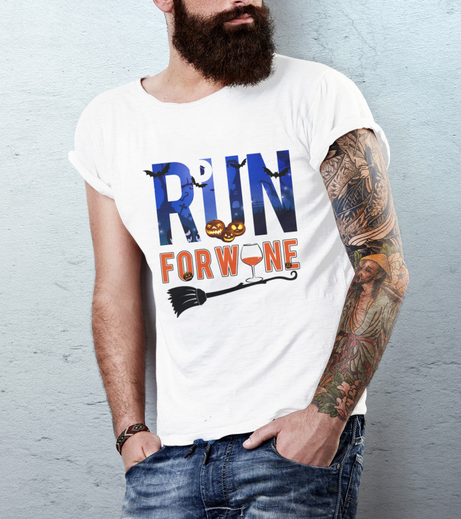 Halloween Run For Wine With Bats, Pumpkins, Witch's Broom, And Wine Glass T-Shirt